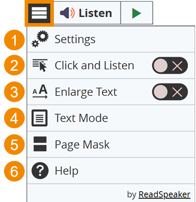 The options under the ReadSpeaker menu are shown and numbered: Settings(1), Click and Listen(2), Enlarge Text(3), Text Mode(4), Page Mask(5), and Help(6).