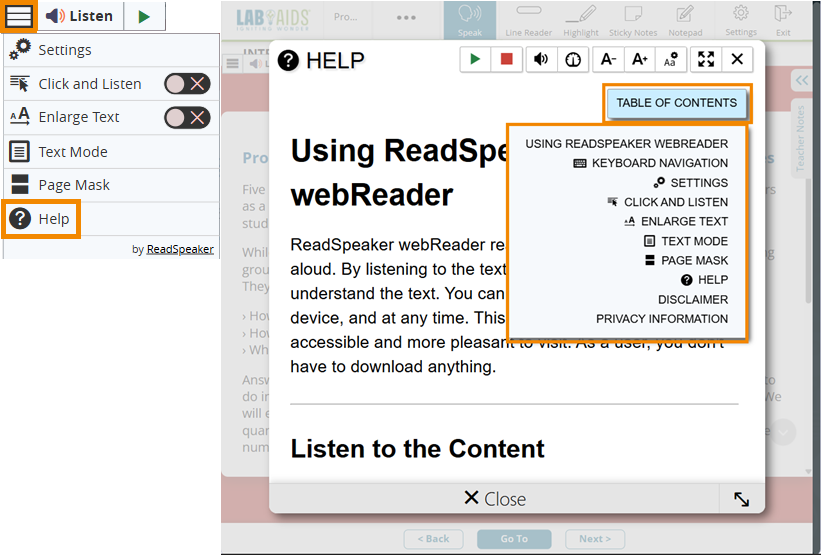 ReadSpeaker menu displays with the "Help" option outlined in orange. To the right, the "Help" screen displays with the Table of Contents outlined in orange. 