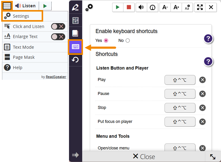 ReadSpeaker menu displays with the "Settings" menu outlined in orange. To the right, the "Settings" menu is open with an arrow pointing to the "Keyboard Settings" keyboard icon, and the Keyboard Settings menu displays.