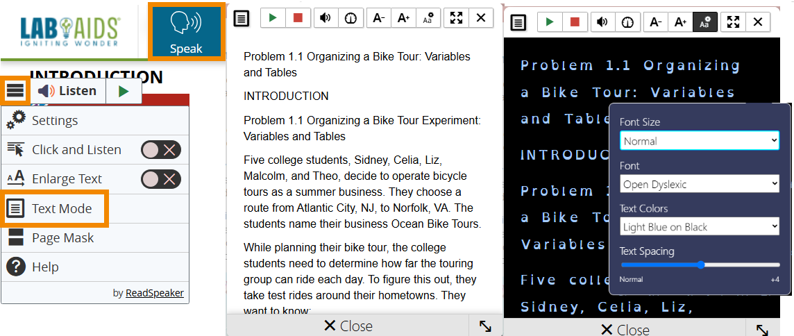 Two examples of Text Mode: One with black text on white background with Arial font, and another with enlarged text, increased spacing, blue text on black background with font type Open Dyslexic, and the additional settings menu displayed.