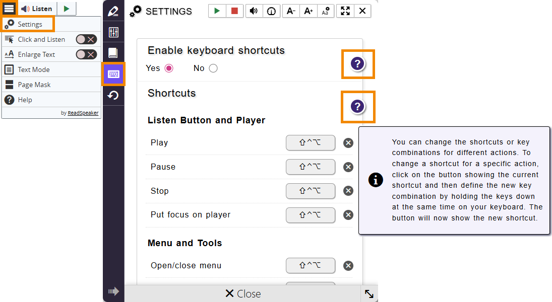 The ReadSpeaker Settings >> Keyboard Shortcuts Settings menu is displaying. "Enable Keyboard Shortcuts" and "Shortcuts" options are displaying, with a question mark information bubble next to each, outlined in orange. Text of one information bubble is shown, explaining how to change keyboard shortcuts. 