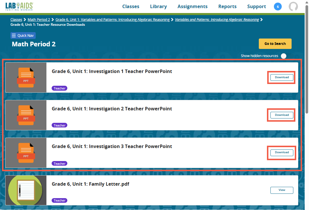 The cards for all three available Powerpoints are outlined in red and the words "Download" are outlined in red for each Powerpoint.