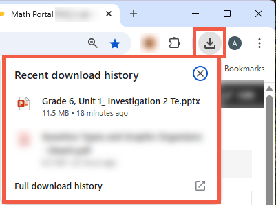 The top right corner of a Chrome browser window displays with the "Downloads" icon and the "Recent Download History" popup both outlined in red.