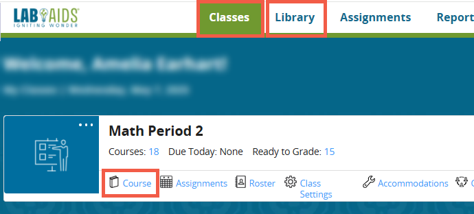 The teacher account "Classes" menu is open with "Classes", "Course", and "Library" outlined in red. 