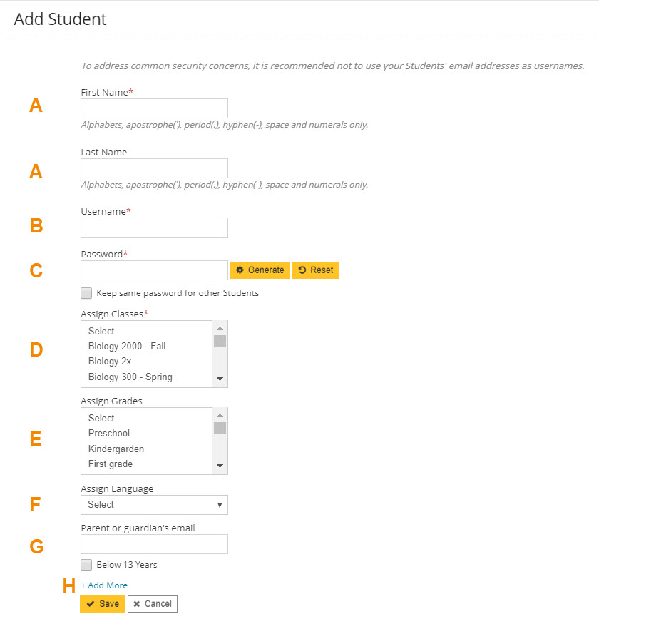 Click "Add Student" and fill out the informational fields.