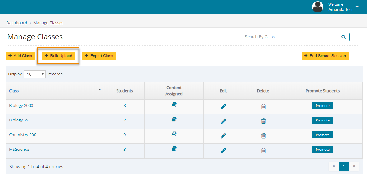 Click "Bulk Upload" button if you'd like to bulk upload classes. 