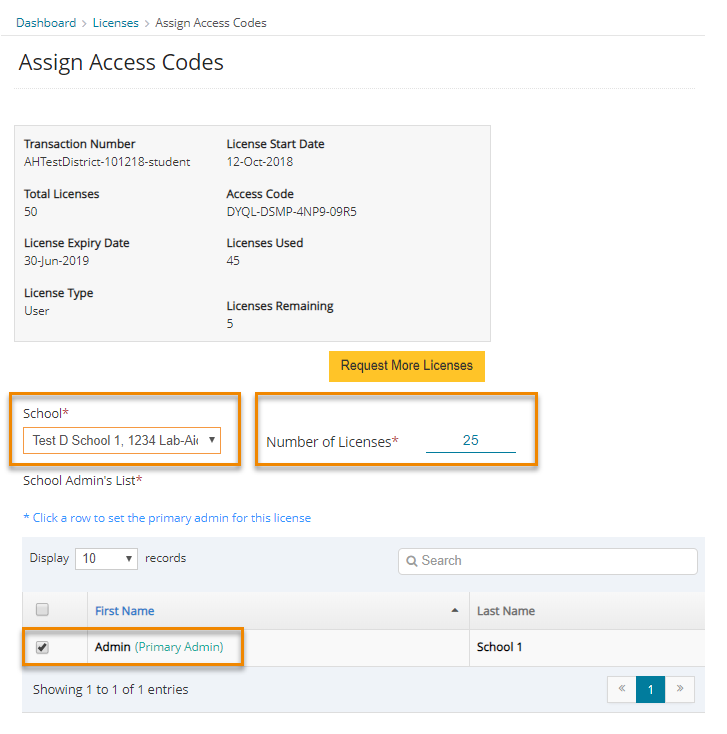 Select School, enter number of licenses, make sure admin is selected