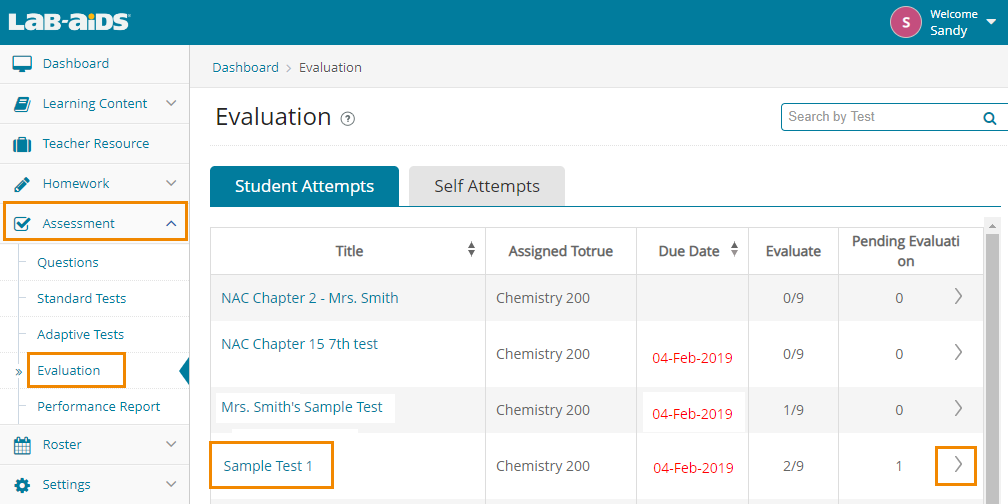 Click Assessment and then Evaluation. Select the test to evaluate. 