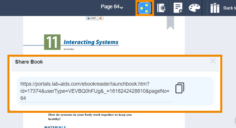 From a student book, navigate to the page to be linked. Click the blue icon at top to copy the link to direct students to that specific page.