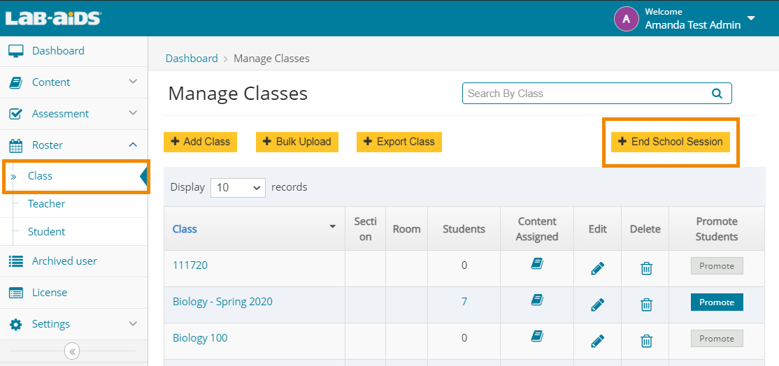 Click Roster > Class, click the "End School Session" button on the top right