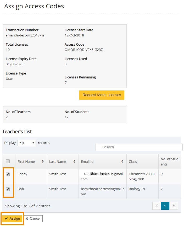 This page shows how to select the teachers that need access to the PO, and then how to click "assign" to complete the process. 