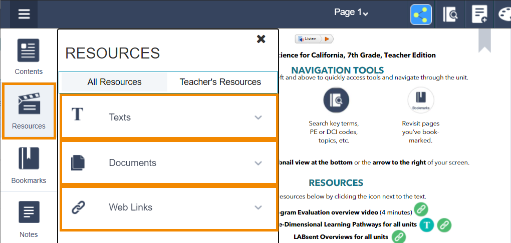 Resources such as texts, documents, and web links are accessed from the "Resources" menu on the left side. 
