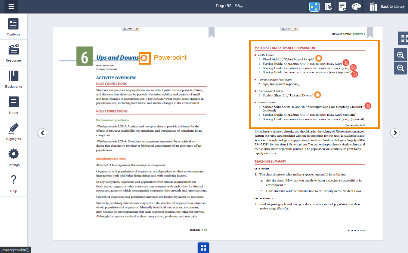 Inside each activity, powerpoints are located under the unit title. Student sheets, visual aids, and scoring guides are located in the "Materials and Advanced Preparation" section. Other resources are located throughout the activity wherever they make sense. 