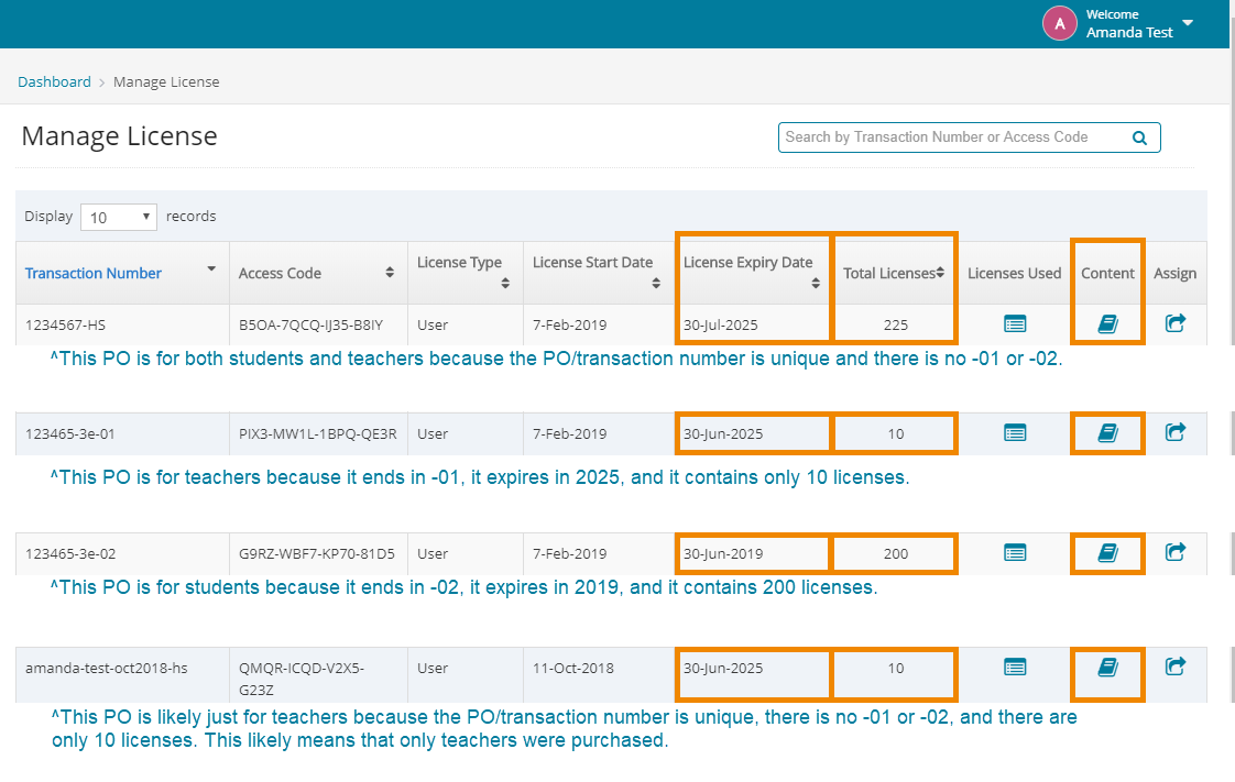This screenshot shows whether each PO is for teachers, students, both, or teachers only. 
