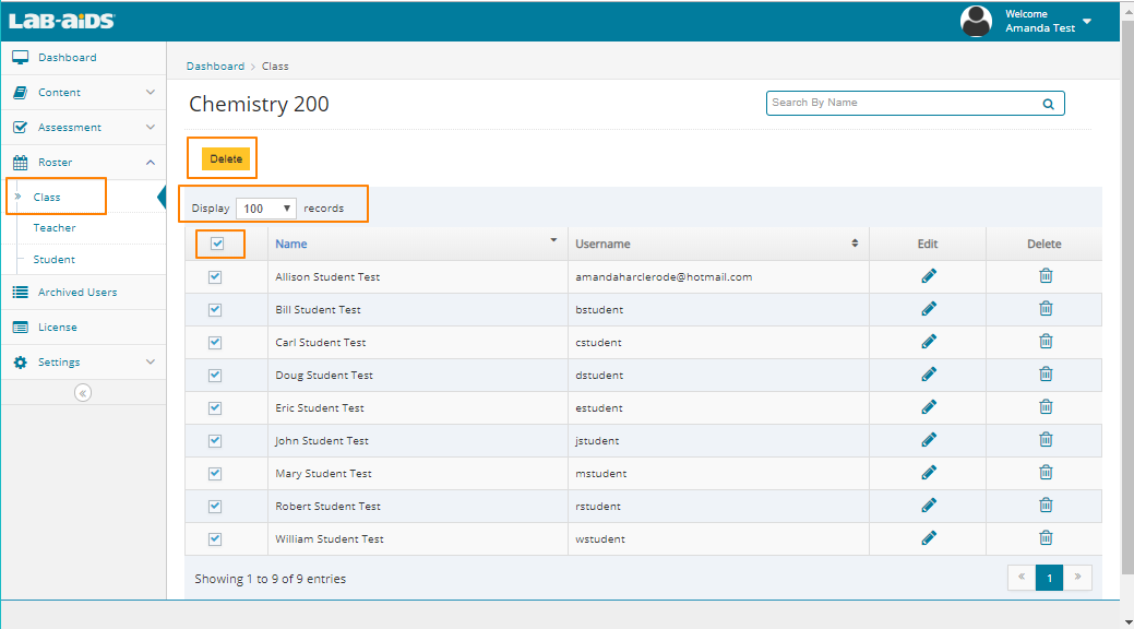 Click "Roster" > "Class", and then click "Display 100 records". Click the checkbox under "Display 100 records" to select all 100 students, and then click "Delete". 