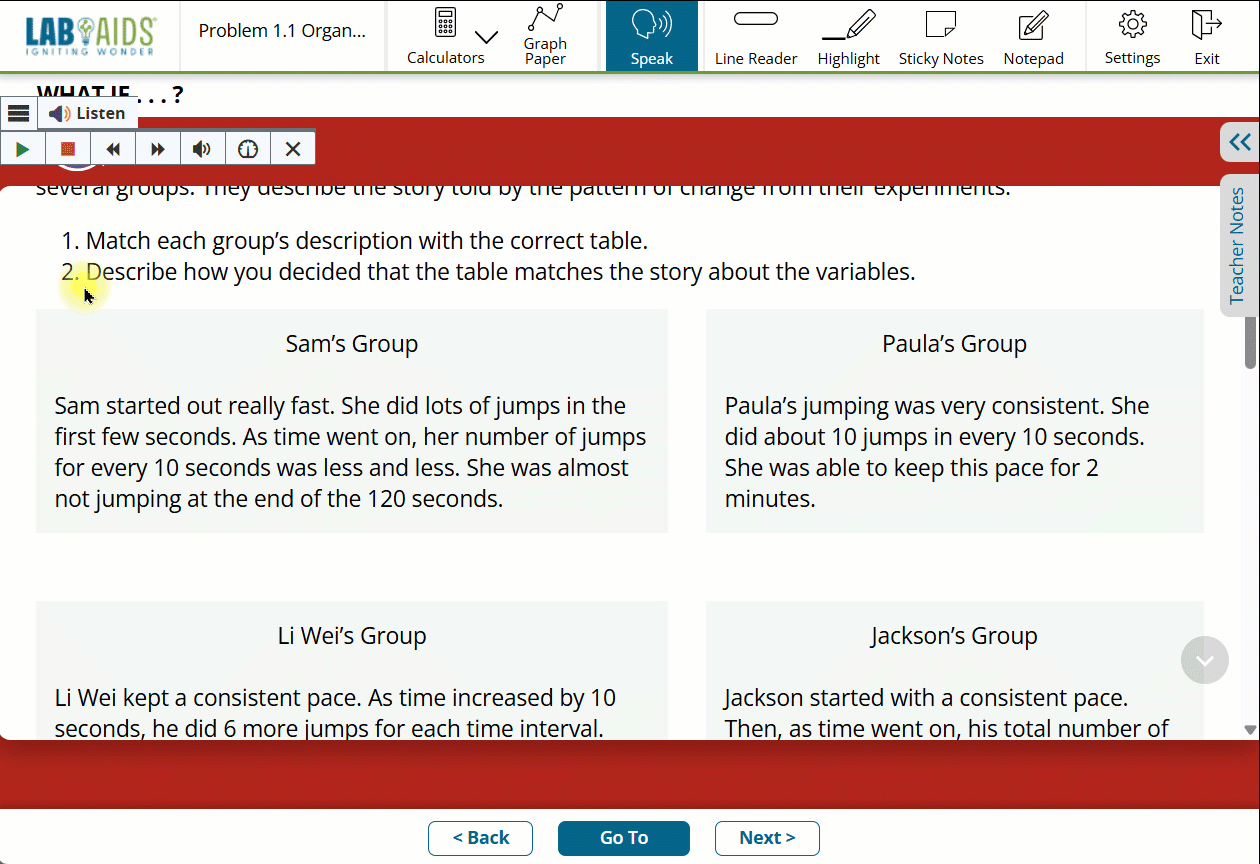 A gif of a user clicking the ReadSpeaker menu and clicking the toggle next to "Click and Listen" to enable it. User clicks on some paragraphs, each paragraph becomes outlined, and the text automatically starts being read aloud.
