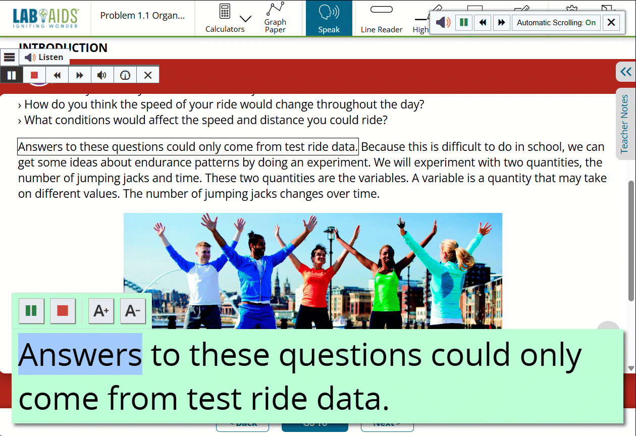 A gif of a sentence being read aloud demonstrating the "Enlarge Text" option. The sentence is displayed at the bottom of the screen in extremely large font with black text on light green background, and each word is highlighted as it is read.
