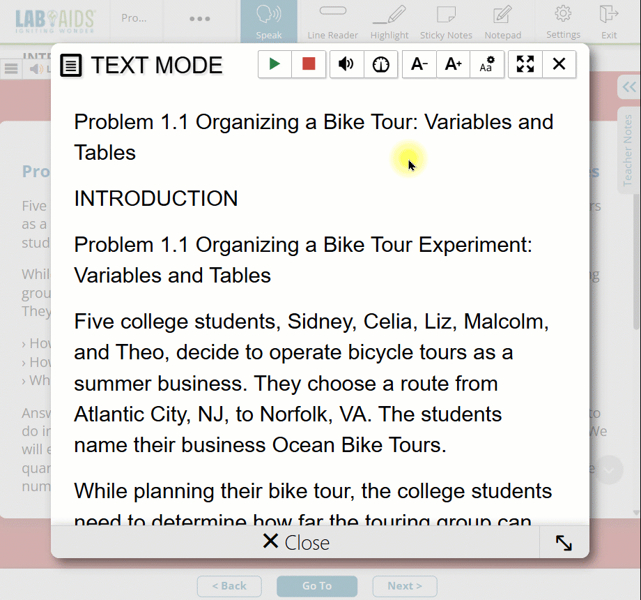 A gif showing the user clicking on the "Smaller Font Size" and  "Larger Font Size" icons at the top, while the text decreases and increases in size accordingly.