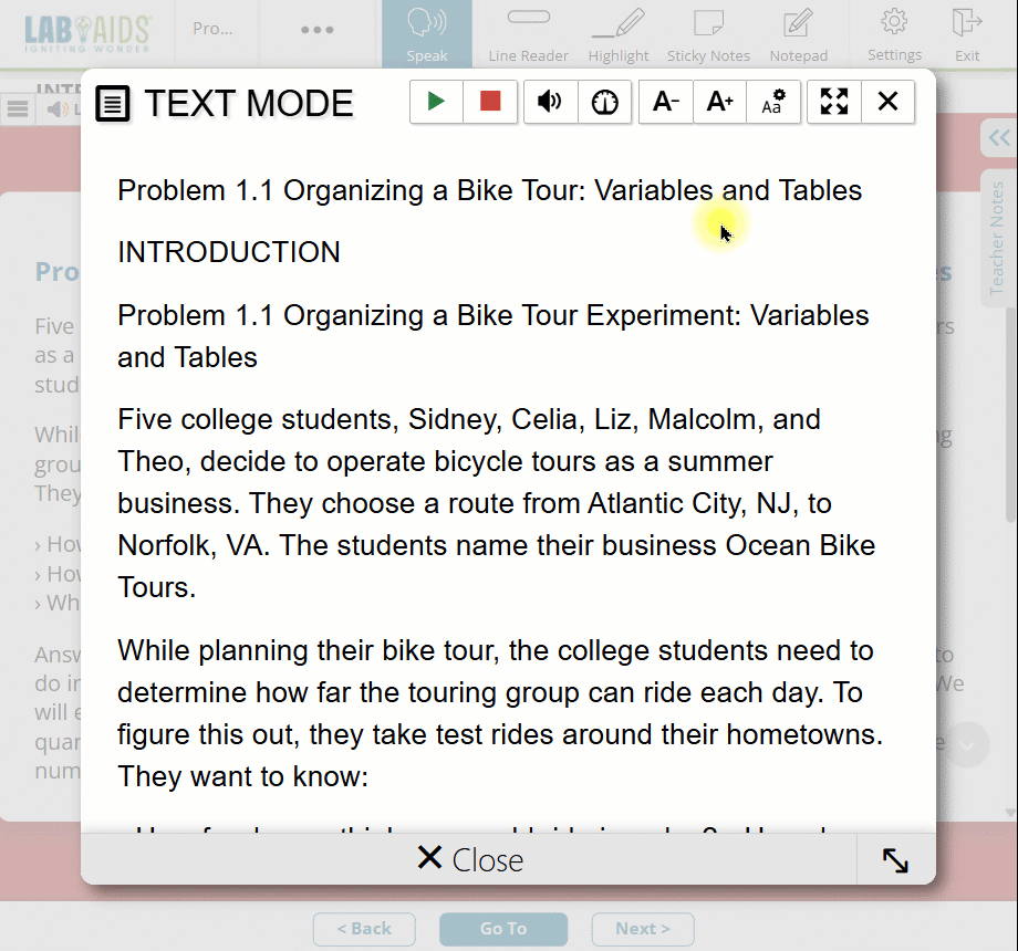 A gif showing user opening the Aa* "Text Settings" icon at the top and then scrolling through the 5 available fonts while the font type changes accordingly (Times New Roman, Arial, Comic Sans, Courier New, and Open Dyslexic).