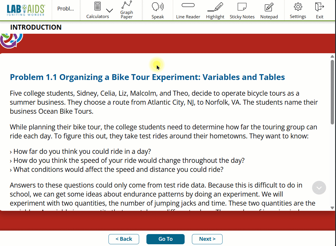 A gif of a page in the student portal. User clicks "Speak", then highlights a paragraph of text and clicks "Listen" on the popup menu. Text is highlighted as it is read. 