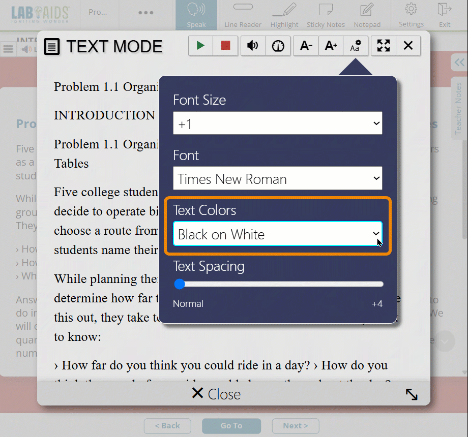 A gif of the Aa* "Text Settings" icon open with "Text Colors" outlined in orange. The screen is scrolling through the many different text/background color options while the font/background colors change accordingly (blue on light yellow, yellow on black, etc.).