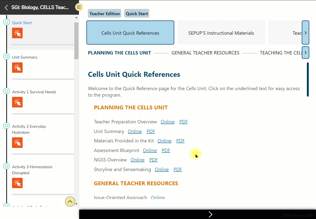 Clicking "Online" Opens the resource in a side-by-side window. Click the box in the top right corner to expand the window and click the x to close the window.