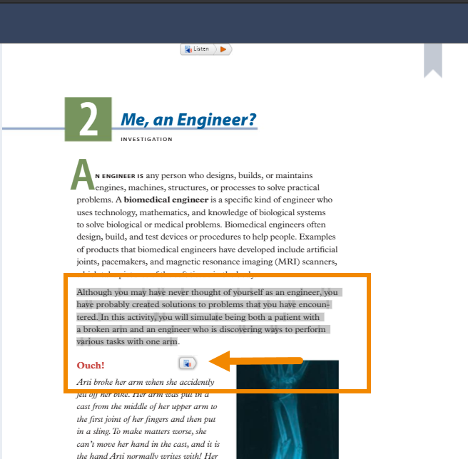 To have a selection of text read to you, highlight text and click the icon that appears