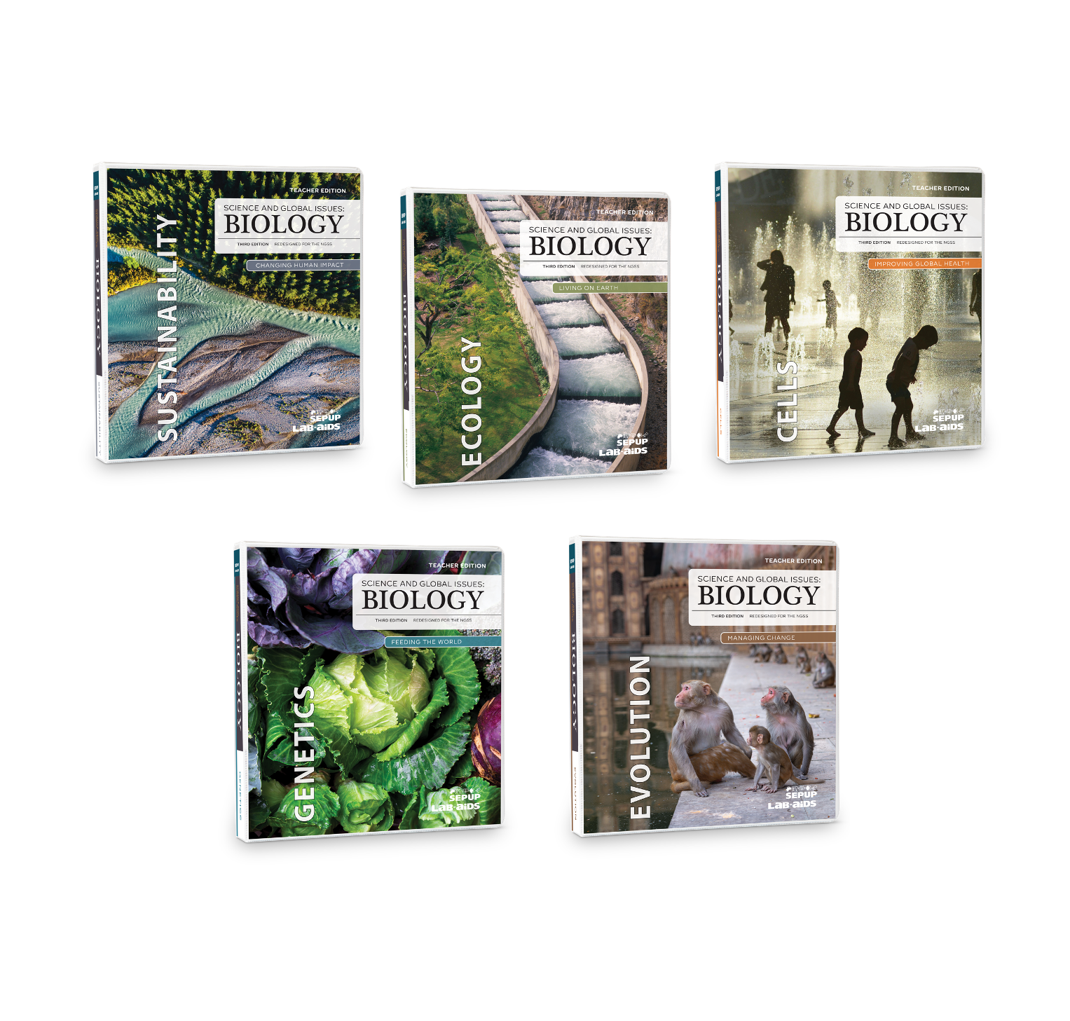 five, 3-ring binders with cover images for each of the units in Science and Global Issues: Biology, published by Lab-Aids