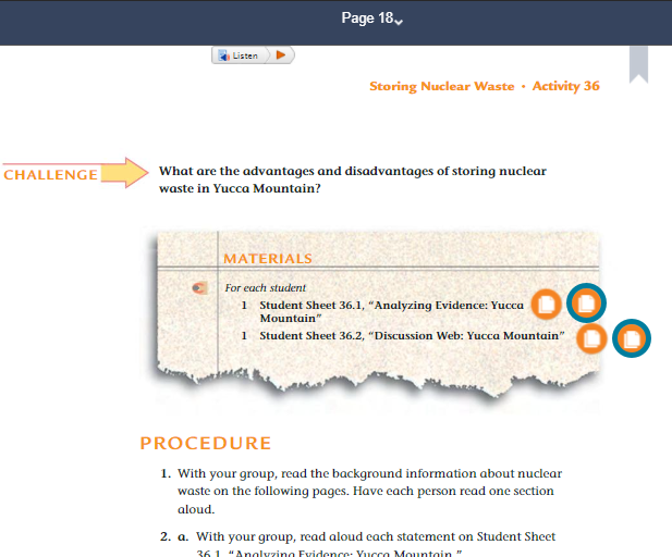 The "Materials" list in each activity contains hotspots to download the Spanish student sheets, located to the right of the English hotspots.