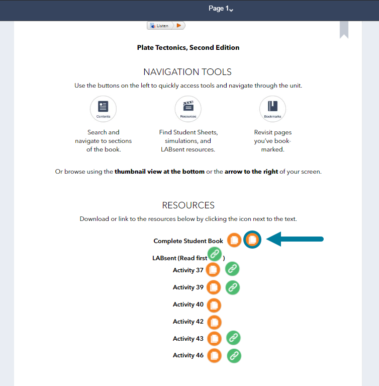 The hotspot to download the Spanish student book is located on page 1 next to the English hotspot. 