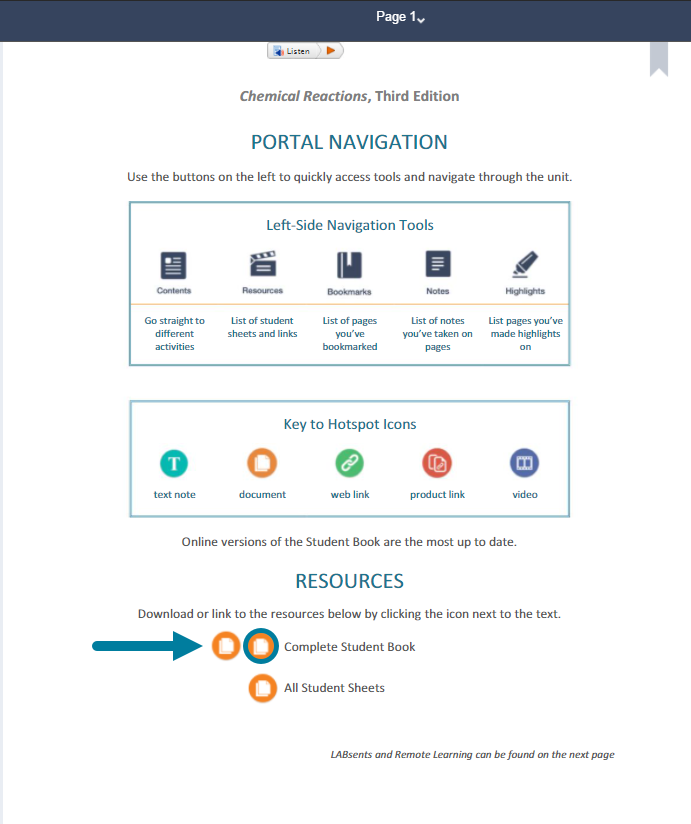 Page 1 of the English student book contains a hotspot to download the Spanish student book, located next to the English hotspot. 