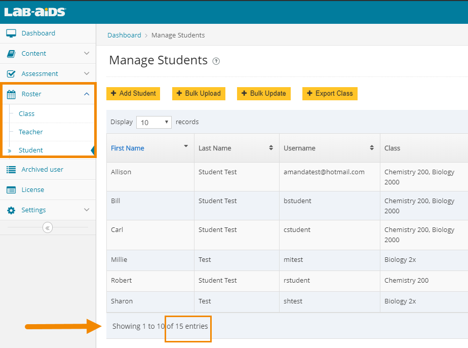 Click on Roster > Class, Roster > Teacher, Roster > Student and then look at the total number in the bottom left corner.