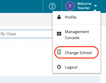 This shows the location of the Change School menu option from the upper right corner.