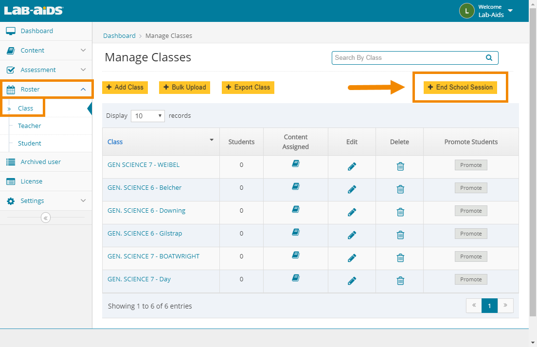 Click "End School Session" to remove licenses from students. 