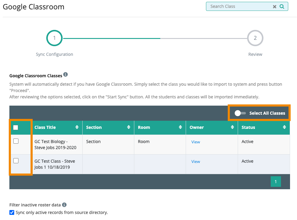  Select which classes to sync (sync individual classes or sync all classes)