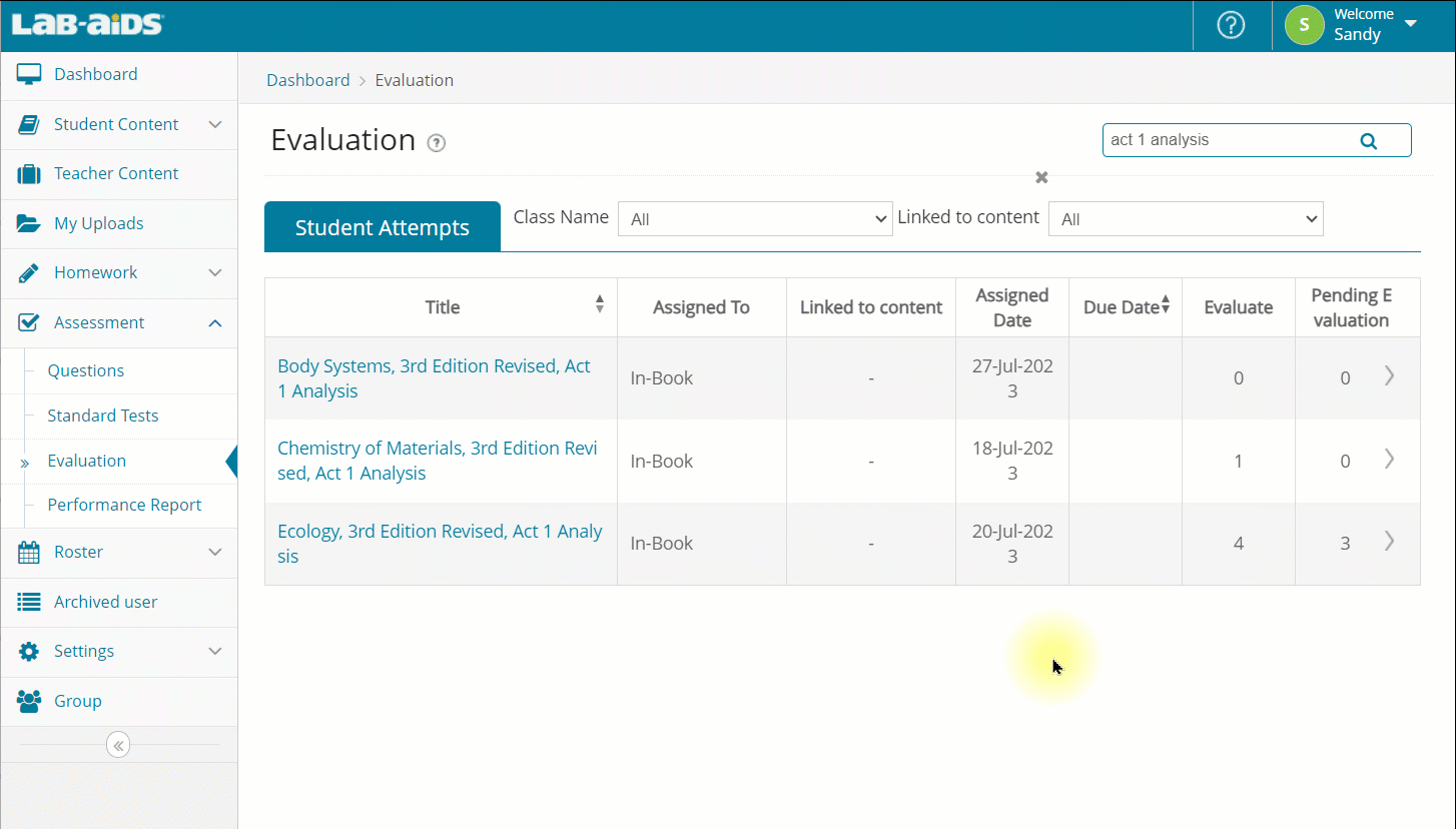 Gif showing how to reassign (click "pending evaluation" arrow, click "pending evaluation" submenu, click "Reassign", select students, click "Reassign")