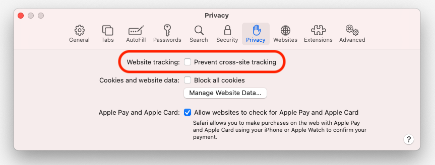 safari cross-site tracking menu location