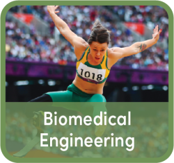 Words "Biomedical Engineering" superimposed over image of woman athlete with prosthetic leg jumping in front of crowd of spectators