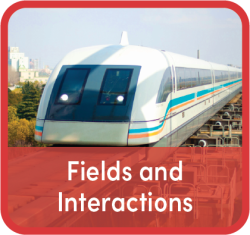 Words " Fields and Interactions" superimposed over image of commuter train on tracks