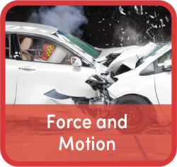 Words "Force and Motion" superimposed over image of two white cards in front-end collision
