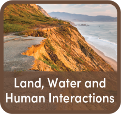 Label "Land, Water, Human Interaction" superimposed over image of mountainside that shows erosion.