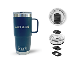 Image of a 20 oz, navy blue YETI mug and handle with the LAB-AIDS logo. Next to the mug are images of the lid and closing mechanism.