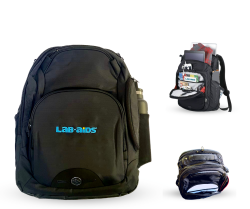 Three images of a black backpack with a LAB-AIDS logo. Two smaller images show the bag open with items in all the pockets, and a view of the bag from the top down showing zippers and the handle.